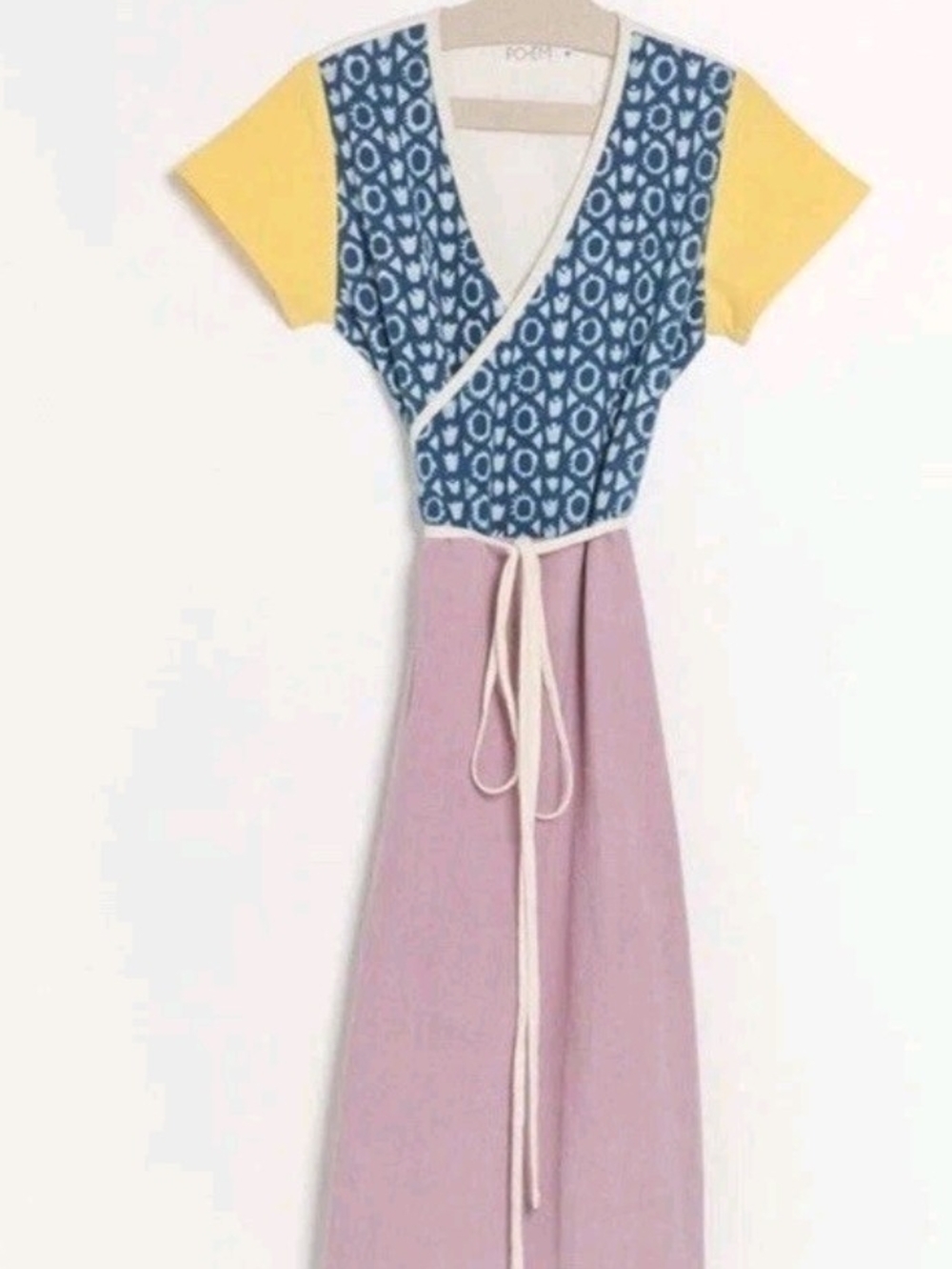 Colorblock Wrap Midi Dress in Blue Pattern, Yellow Sleeves and Mauve Skirt